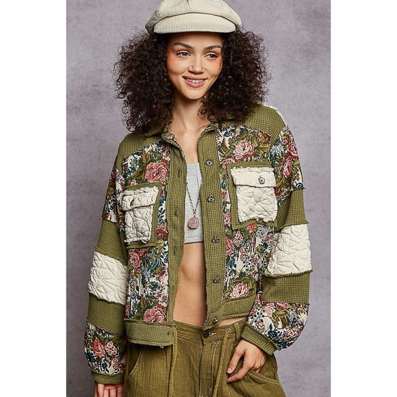 NEW POL Olive Cream Quilted Floral Patchwork Jacket Boho Cottagecore Size Large - Picture 3 of 4